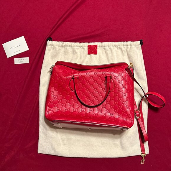 Gucci Signature Fold Over Tote Guccissima Leather Medium RED - Picture 5 of 6